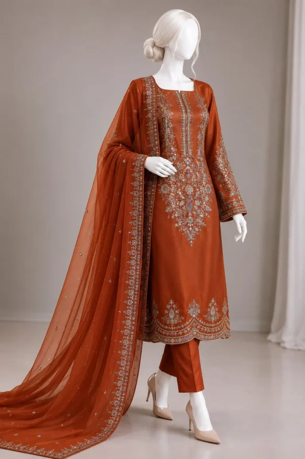 Sheesha Silk Embroidered 3-Piece Suit – Festive & Wedding Wear