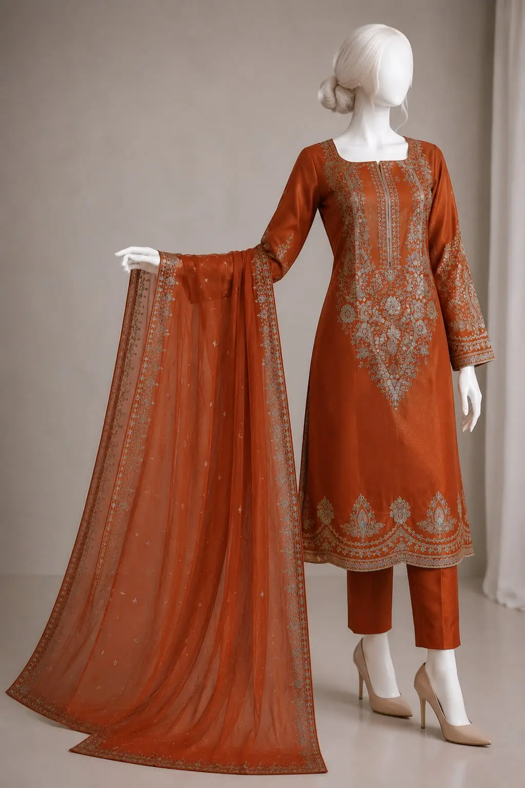 Sheesha Silk Embroidered 3-Piece Suit – Festive & Wedding Wear - Image 3
